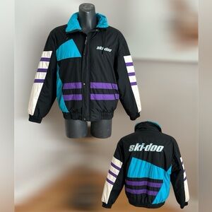 Vintage Ski-Doo Black and Teal Bomber Jacket with Purple Stripes